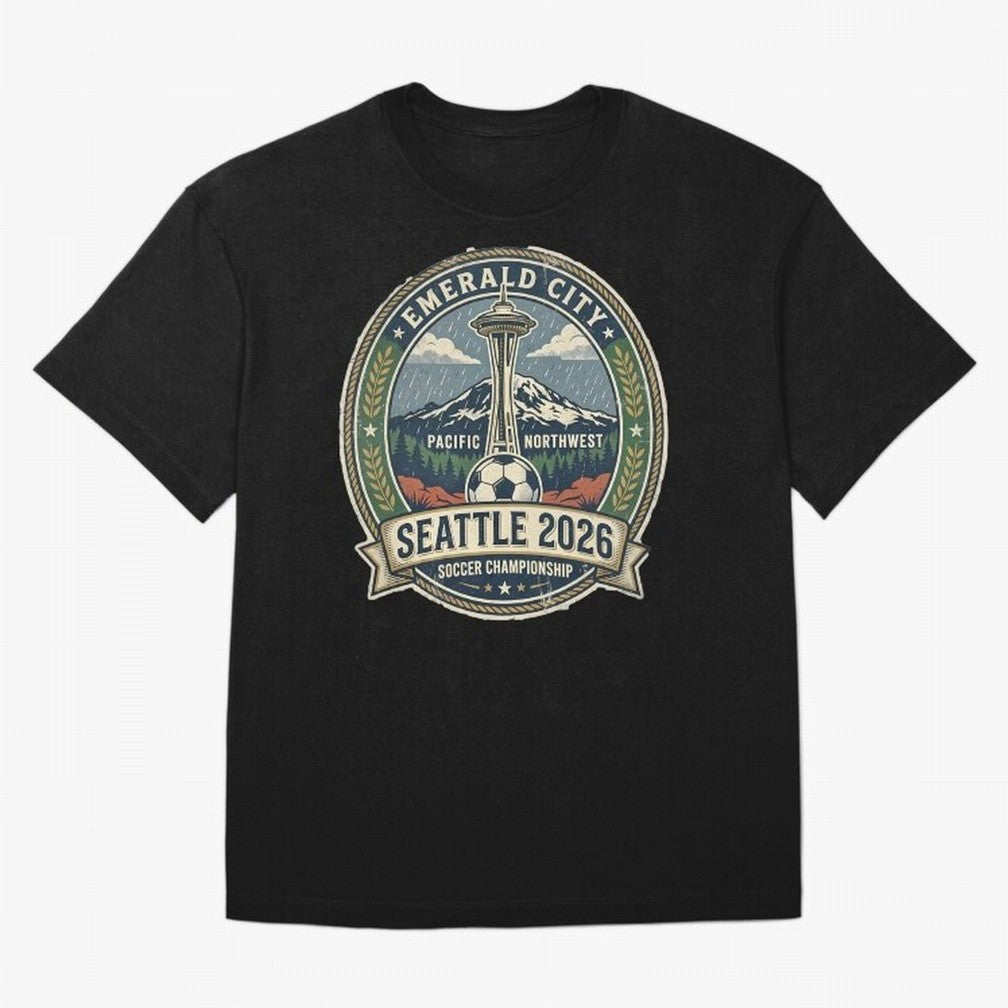 Seattle 2026 World Cup Host City Vintage Football Badge ¡ª Emerald City Space Needle Soccer Oversized T-Shirt Bring the FIFA World Cup 2026 Group Stage Journey through CR7 and Messi Highlights, England and Germany Pride, Football Passion, Legendary