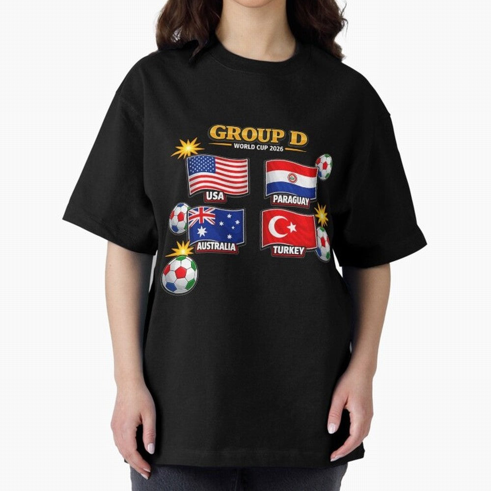 Group?D?¨C?World?Cup?2026?Flags Oversized T-Shirt Bring a Vintage Feel to FIFA World Cup 2026 Spirit, Capturing England, France and Netherlands, Mbappe, Vintage Soccer Flavor, Modern Football Stars, National Flags and Final Night Emotion; Great for