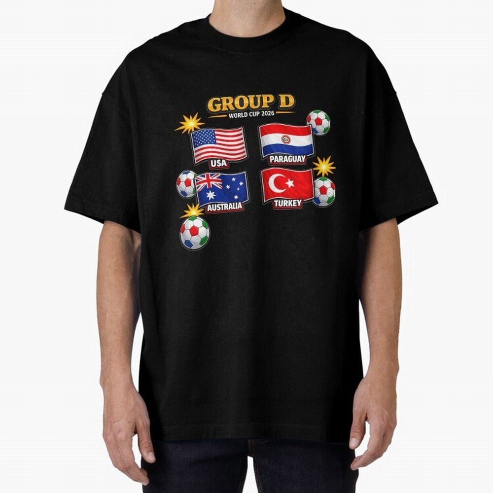 Group?D?¨C?World?Cup?2026?Flags Oversized T-Shirt Bring a Vintage Feel to FIFA World Cup 2026 Spirit, Capturing England, France and Netherlands, Mbappe, Vintage Soccer Flavor, Modern Football Stars, National Flags and Final Night Emotion; Great for