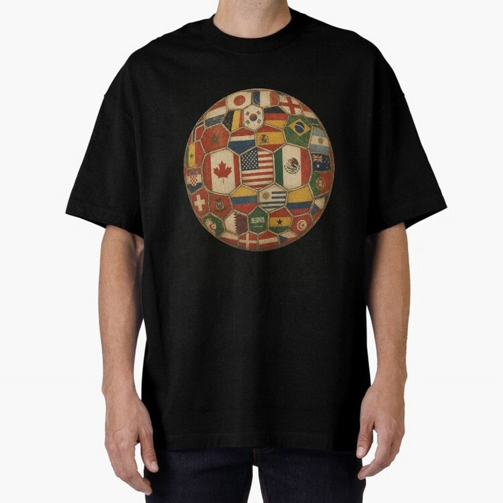Vintage World Flags Soccer Ball,2026 International Football Graphic Gifts Tee Oversized T-Shirt Treasure FIFA World Cup 2026 Group Stage Spirit, Connected to Brazil, Portugal and Argentina, Neymar, Sports Nostalgia, International Competition,