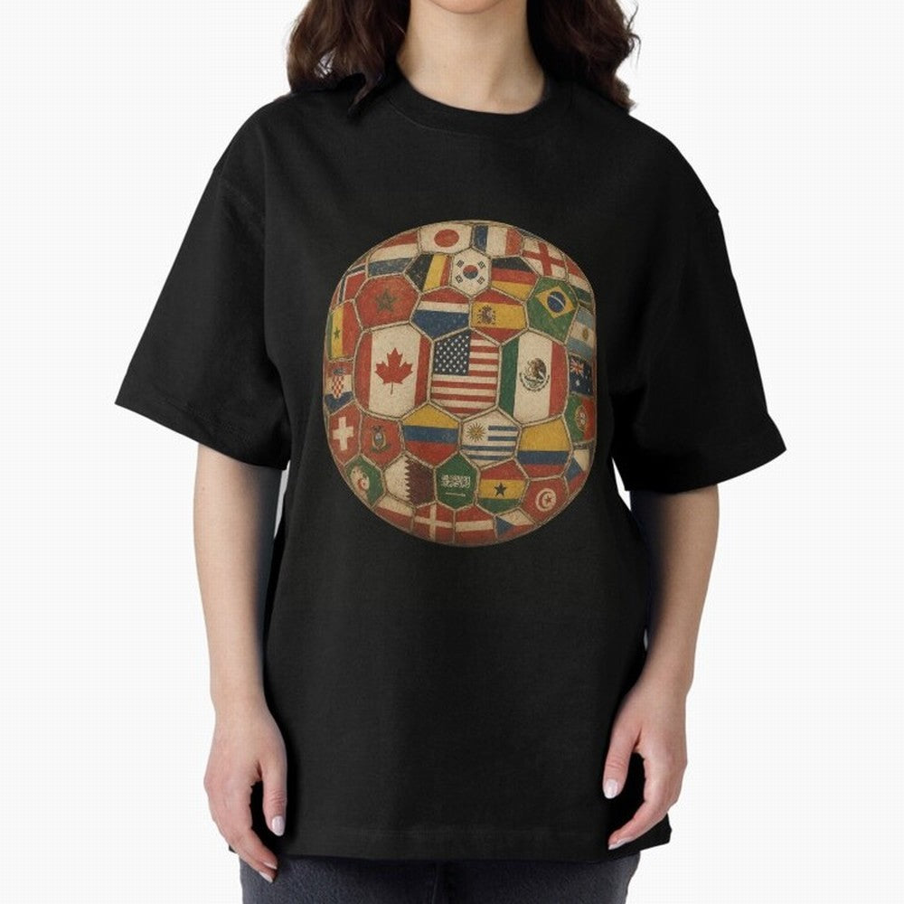 Vintage World Flags Soccer Ball,2026 International Football Graphic Gifts Tee Oversized T-Shirt Treasure FIFA World Cup 2026 Group Stage Spirit, Connected to Brazil, Portugal and Argentina, Neymar, Sports Nostalgia, International Competition,