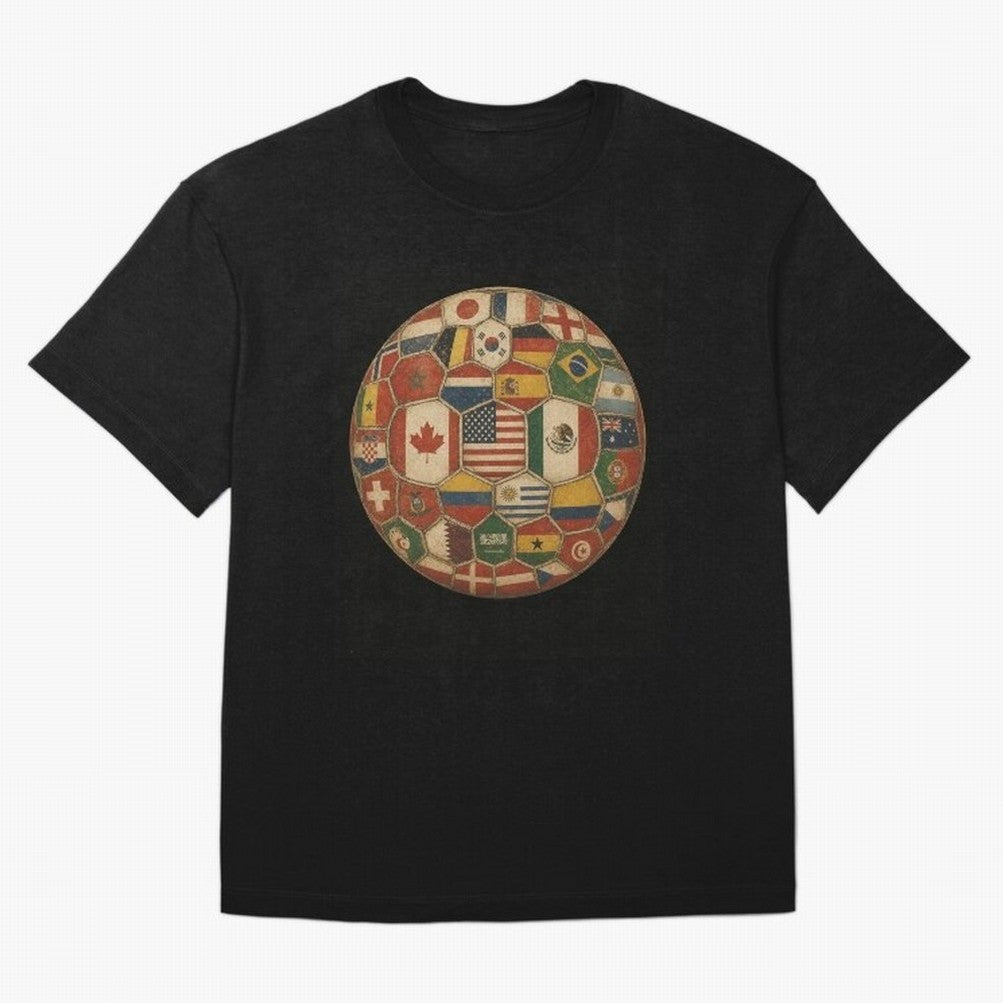 Vintage World Flags Soccer Ball,2026 International Football Graphic Gifts Tee Oversized T-Shirt Treasure FIFA World Cup 2026 Group Stage Spirit, Connected to Brazil, Portugal and Argentina, Neymar, Sports Nostalgia, International Competition,