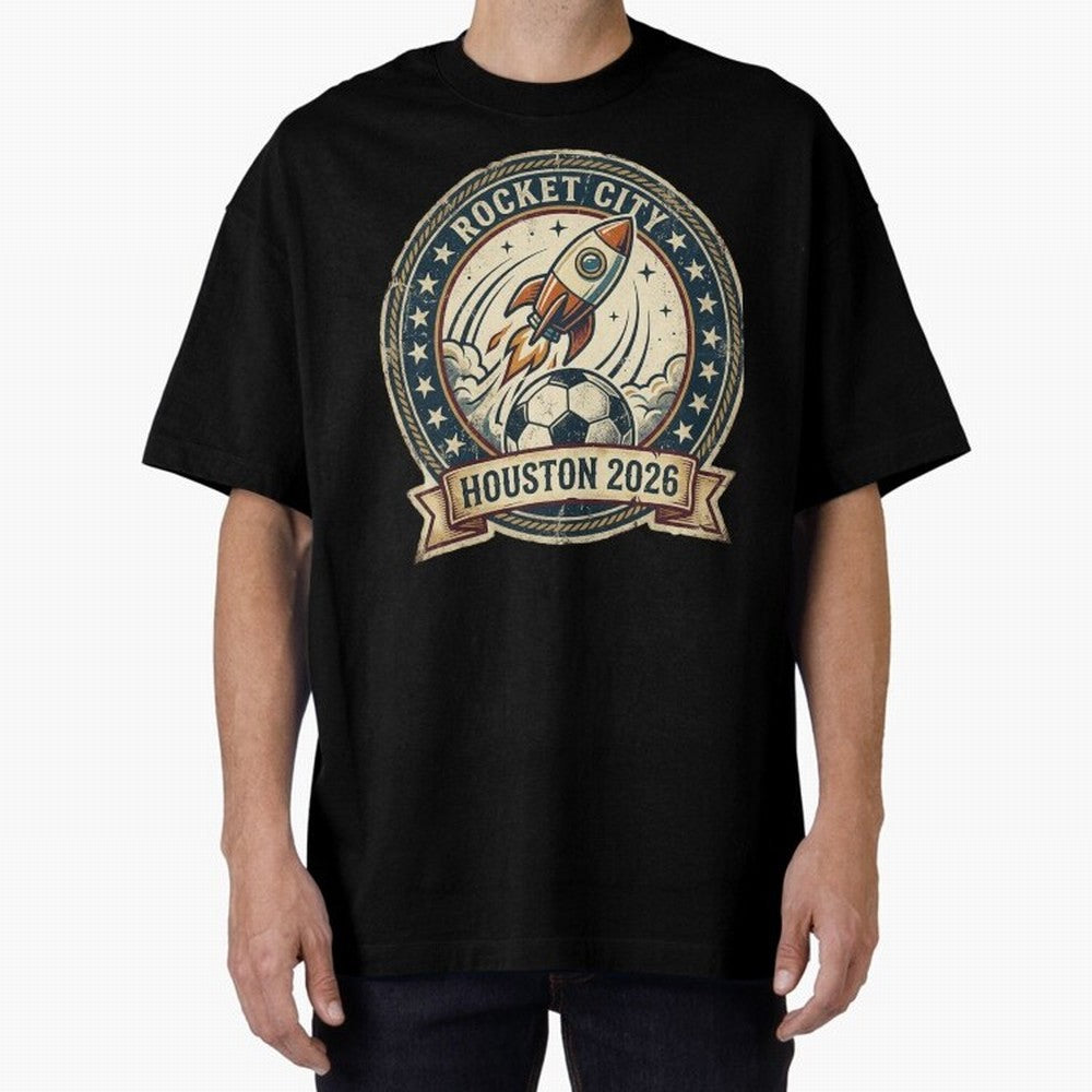 Houston 2026 World Cup Host City Vintage Football Badge ¡ª Rocket City Space Soccer Crest Design Oversized T-Shirt Experience the Global Stage of FIFA World Cup 2026 USA Canada Mexico Capturing Neymar, Portugal Energy, Football History, Final Match