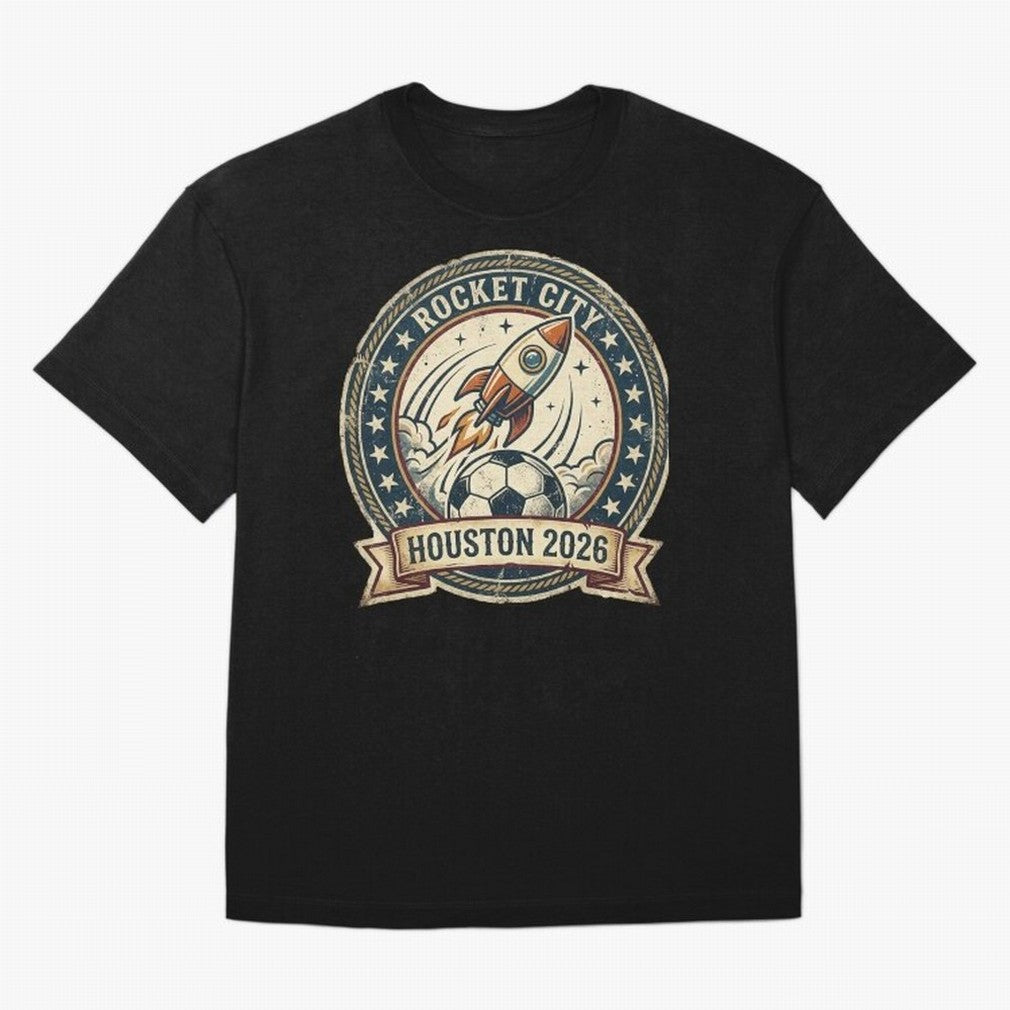Houston 2026 World Cup Host City Vintage Football Badge ¡ª Rocket City Space Soccer Crest Design Oversized T-Shirt Experience the Global Stage of FIFA World Cup 2026 USA Canada Mexico Capturing Neymar, Portugal Energy, Football History, Final Match