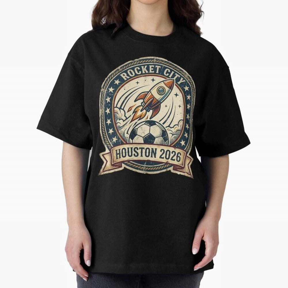 Houston 2026 World Cup Host City Vintage Football Badge ¡ª Rocket City Space Soccer Crest Design Oversized T-Shirt Experience the Global Stage of FIFA World Cup 2026 USA Canada Mexico Capturing Neymar, Portugal Energy, Football History, Final Match