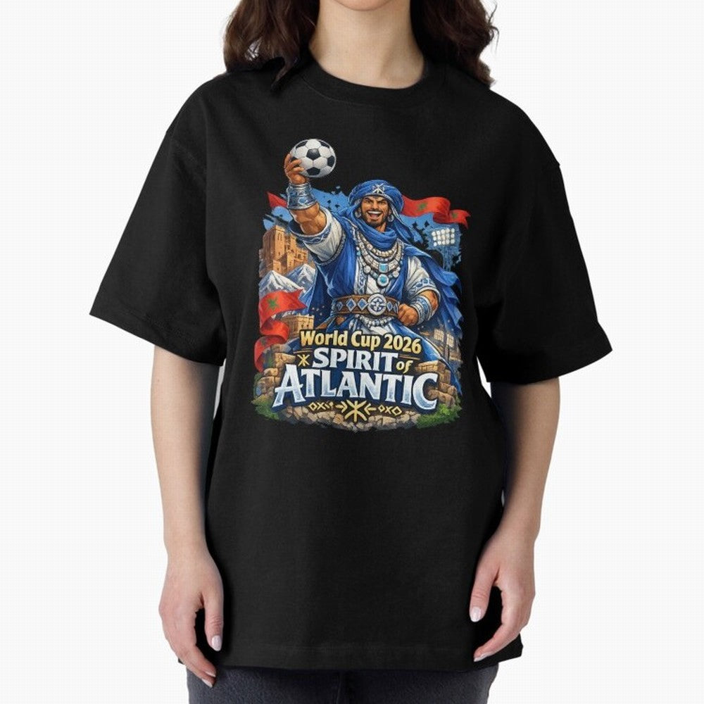 Moroccan World Cup 2026 Spirit of Atlantic Oversized T-Shirt Relive the FIFA World Cup 2026 Journey through Haaland and Mbappe Highlights, Argentina Pride, Worldwide Fan Energy, Dramatic Goals, Stadium Lights and Championship Celebrations; Perfect