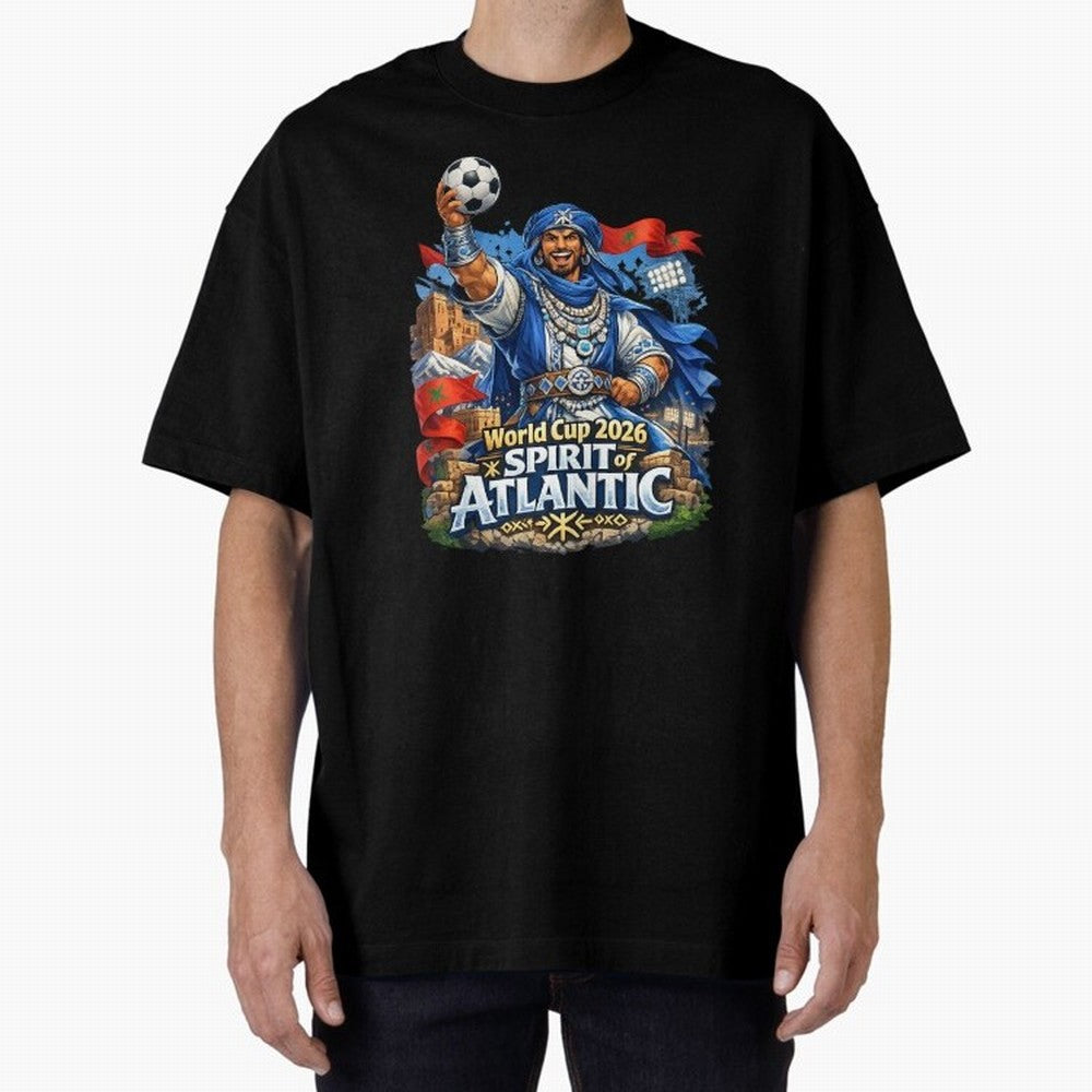 Moroccan World Cup 2026 Spirit of Atlantic Oversized T-Shirt Relive the FIFA World Cup 2026 Journey through Haaland and Mbappe Highlights, Argentina Pride, Worldwide Fan Energy, Dramatic Goals, Stadium Lights and Championship Celebrations; Perfect