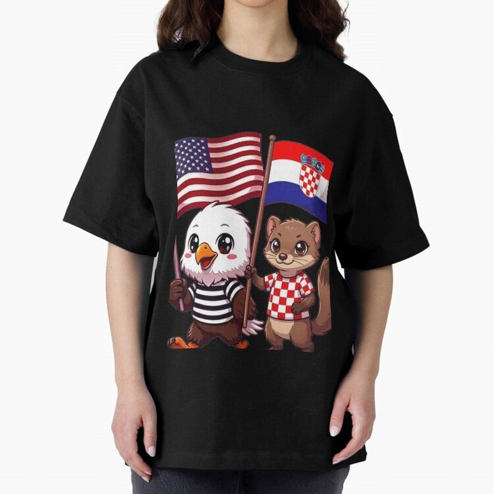 The American eagle and its friend, the Croatian marten Oversized T-Shirt Celebrate Unforgettable Nights in FIFA World Cup 2026 Group Stage Spirit, Built around Argentina, France and Brazil, CR7 and Messi, Supporter Pride, Iconic Celebrations,