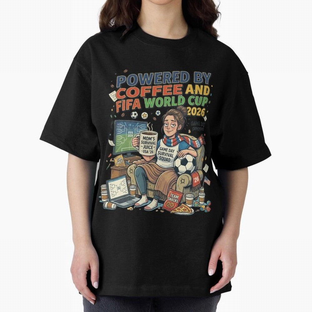 Soccer Mom Powered By Coffee And FIFA World Cup 2026 Funny USA Football Design Oversized T-Shirt Honor Champions and Dreams in the FIFA World Cup 2026 Journey through Cristiano Ronaldo Highlights, Brazil Pride, Goal Celebration Energy, Supporter