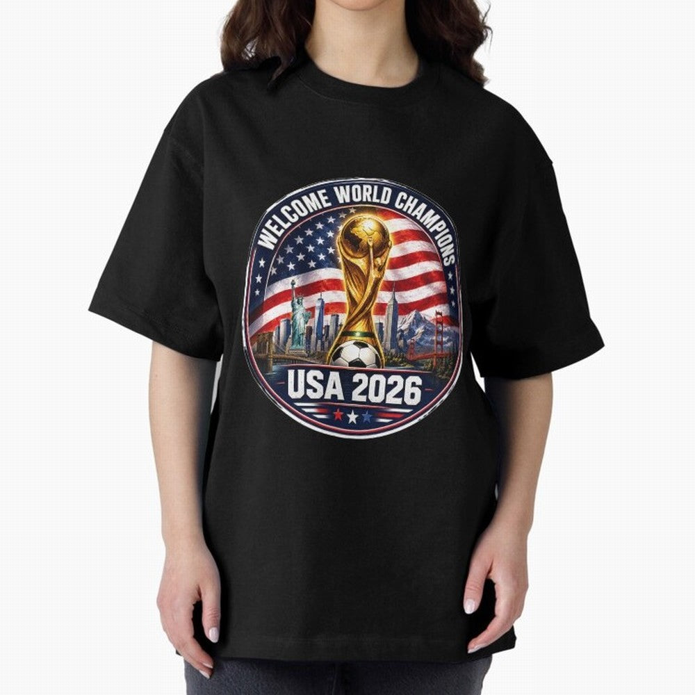 World Cup 2026 Celebration T-Shirt | USA Canada Mexico Soccer Fan Tee Oversized T-Shirt Stand with FIFA World Cup 2026 USA Canada Mexico for Fans of Messi, Neymar and Mbappe and Portugal, Spain and Germany, Bringing Worldwide Fan Energy, Dramatic
