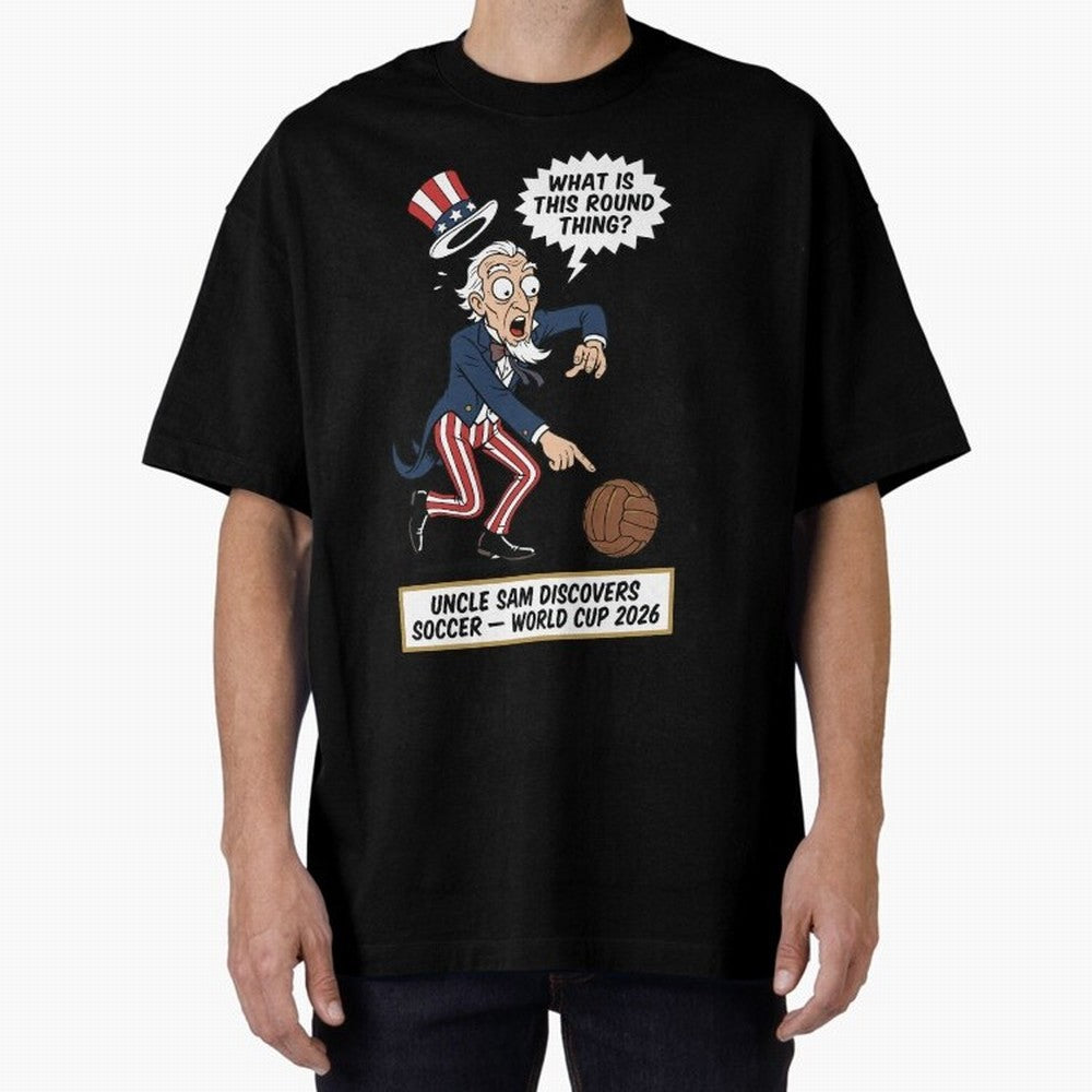 Uncle Sam Discovers Soccer ¡ª V4 Oversized T-Shirt Bring Retro Soccer Energy to Global Football Passion for FIFA World Cup 2026 USA Canada Mexico, Centered on CR7, Brazil, Championship Spirit, Famous Goals, Roaring Crowds and International Football