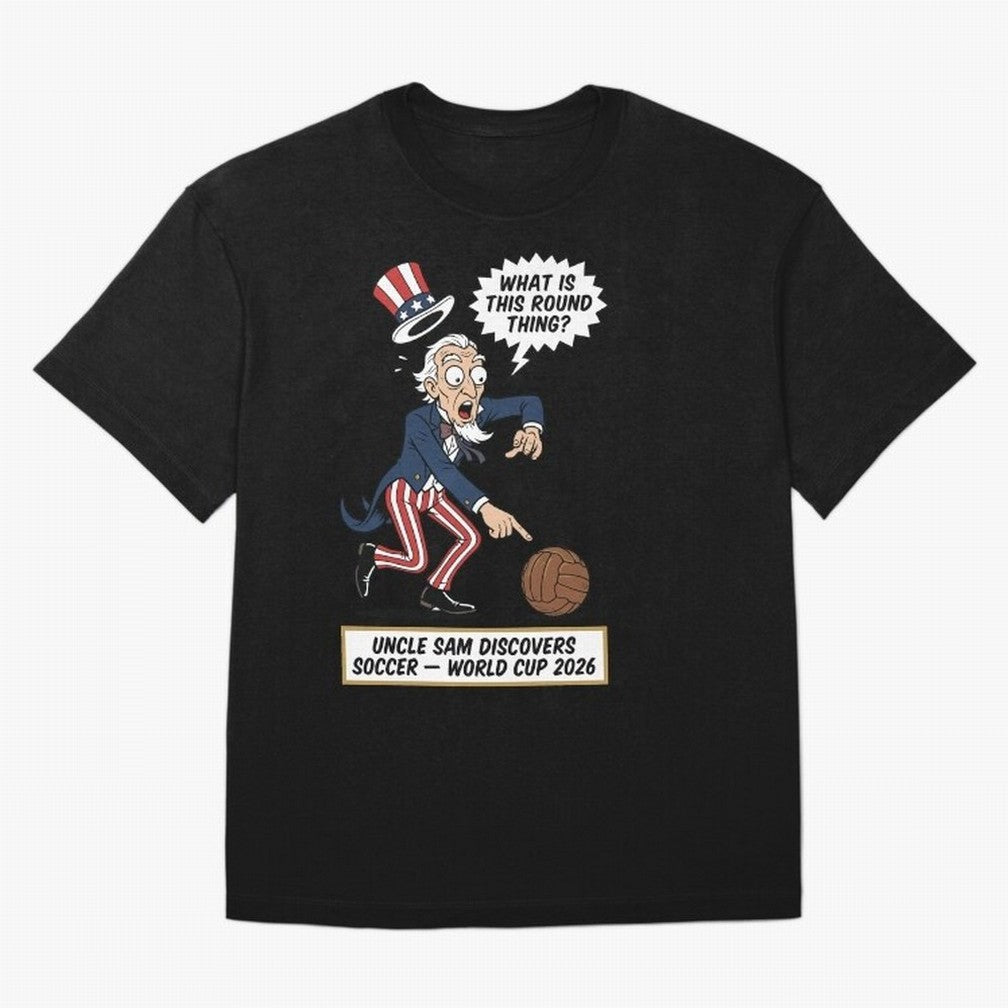 Uncle Sam Discovers Soccer ¡ª V4 Oversized T-Shirt Bring Retro Soccer Energy to Global Football Passion for FIFA World Cup 2026 USA Canada Mexico, Centered on CR7, Brazil, Championship Spirit, Famous Goals, Roaring Crowds and International Football