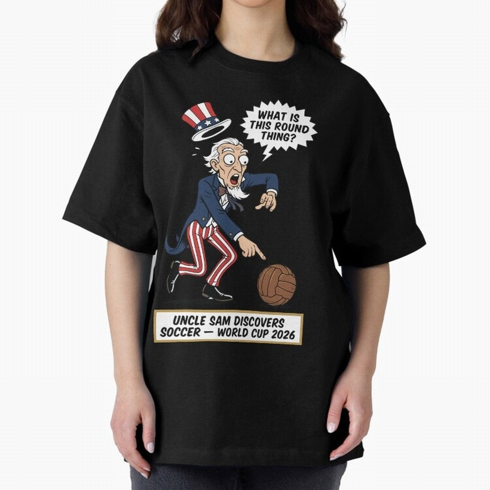 Uncle Sam Discovers Soccer ¡ª V4 Oversized T-Shirt Bring Retro Soccer Energy to Global Football Passion for FIFA World Cup 2026 USA Canada Mexico, Centered on CR7, Brazil, Championship Spirit, Famous Goals, Roaring Crowds and International Football