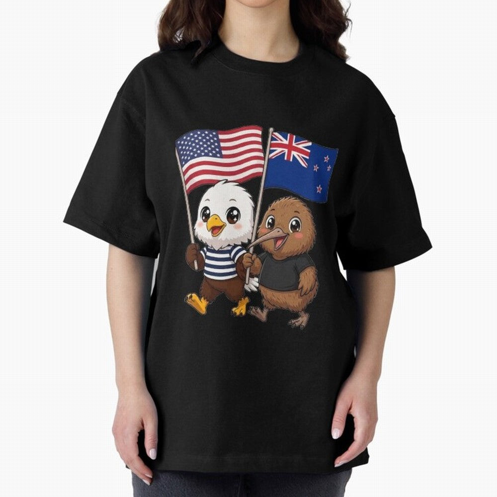 the American eagle and its friend the New Zealand kiwi Oversized T-Shirt Fuel FIFA World Cup 2026 Capturing Messi, Neymar and Mbappe, Spain Energy, Football History, Final Match Energy, Crowd Noise and Once in a Lifetime Moments; Made for