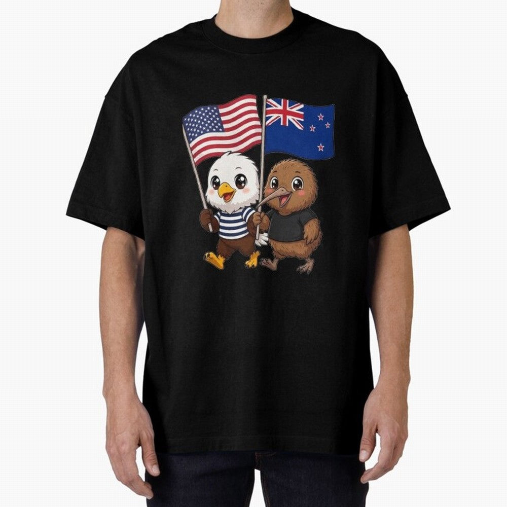 the American eagle and its friend the New Zealand kiwi Oversized T-Shirt Fuel FIFA World Cup 2026 Capturing Messi, Neymar and Mbappe, Spain Energy, Football History, Final Match Energy, Crowd Noise and Once in a Lifetime Moments; Made for