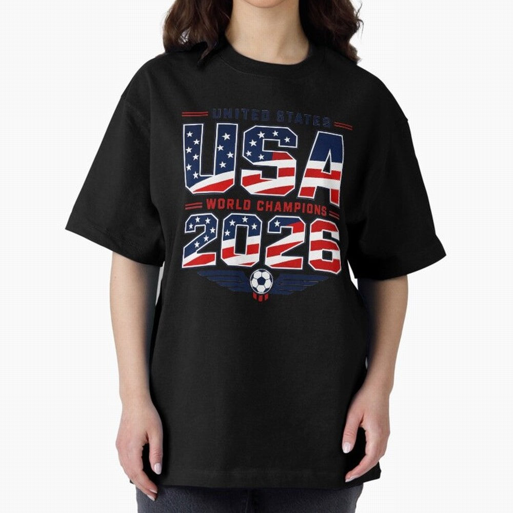 USA World Champions 2026 ¨C Patriotic Soccer Fan Shirt Oversized T-Shirt Back Your Heroes with Global Football Passion for FIFA World Cup 2026 USA Canada Mexico, Featuring Haaland and Mbappe, England and Germany, Stadium Memories, Football Loyalty,