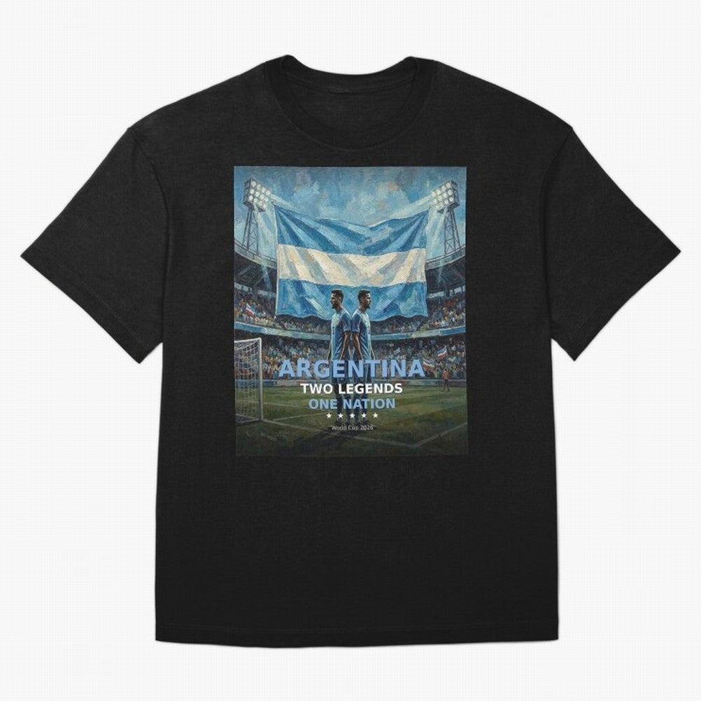 Argentina Two Legends One Nation - World Cup 2026 Soccer Fan Tee Oversized T-Shirt Support FIFA World Cup 2026 Group Stage Inspired by CR7 and Messi, Germany Energy, Goal Celebration Energy, Supporter Heritage, Football Icons and Worldwide