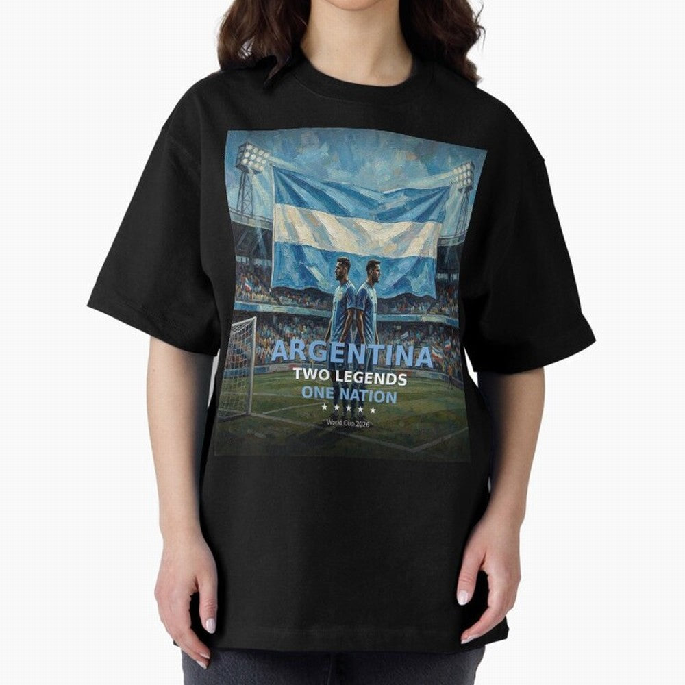 Argentina Two Legends One Nation - World Cup 2026 Soccer Fan Tee Oversized T-Shirt Support FIFA World Cup 2026 Group Stage Inspired by CR7 and Messi, Germany Energy, Goal Celebration Energy, Supporter Heritage, Football Icons and Worldwide