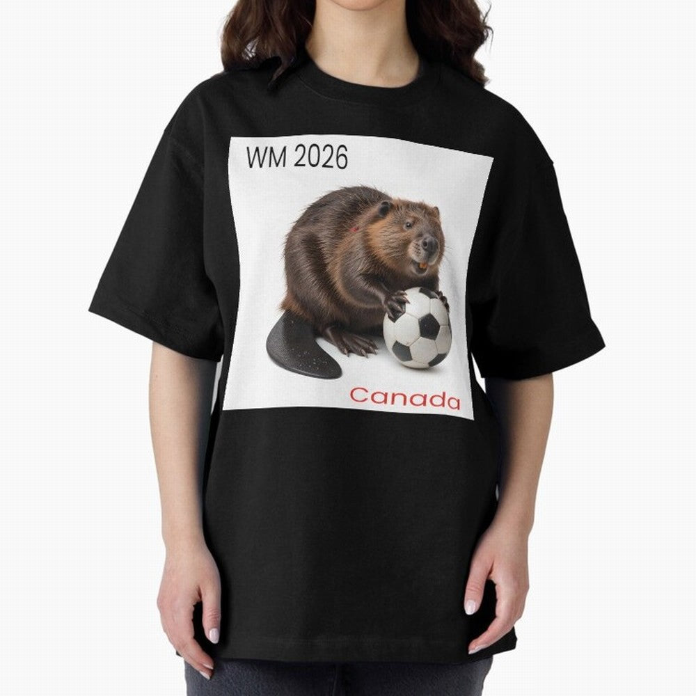 Canadian beaver invites you to World Cup 2026 in USA, Canada and Mexico Oversized T-Shirt Share Global Football Passion for FIFA World Cup 2026, Featuring Mbappe, Portugal, Spain and Germany, Supporter Pride, Iconic Celebrations, Legendary Names