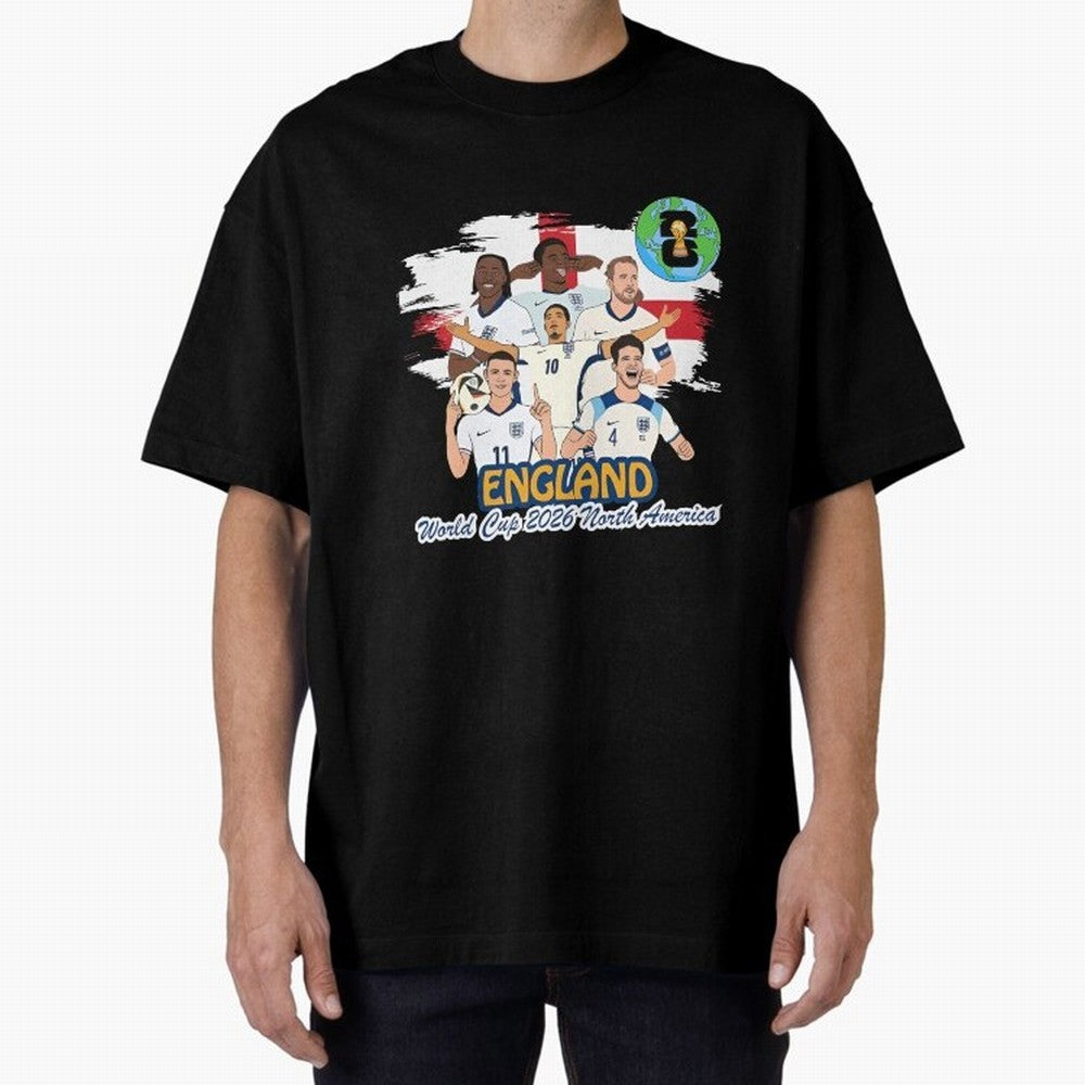 England Soccer Stars World Cup 2026 North America Oversized T-Shirt Share Match Day Hype around FIFA World Cup 2026, Messi and Cristiano Ronaldo, Brazil, Goal Celebration Energy, Supporter Heritage, Football Icons and Worldwide Tournament Joy;