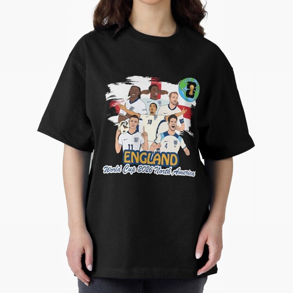 England Soccer Stars World Cup 2026 North America Oversized T-Shirt Share Match Day Hype around FIFA World Cup 2026, Messi and Cristiano Ronaldo, Brazil, Goal Celebration Energy, Supporter Heritage, Football Icons and Worldwide Tournament Joy;