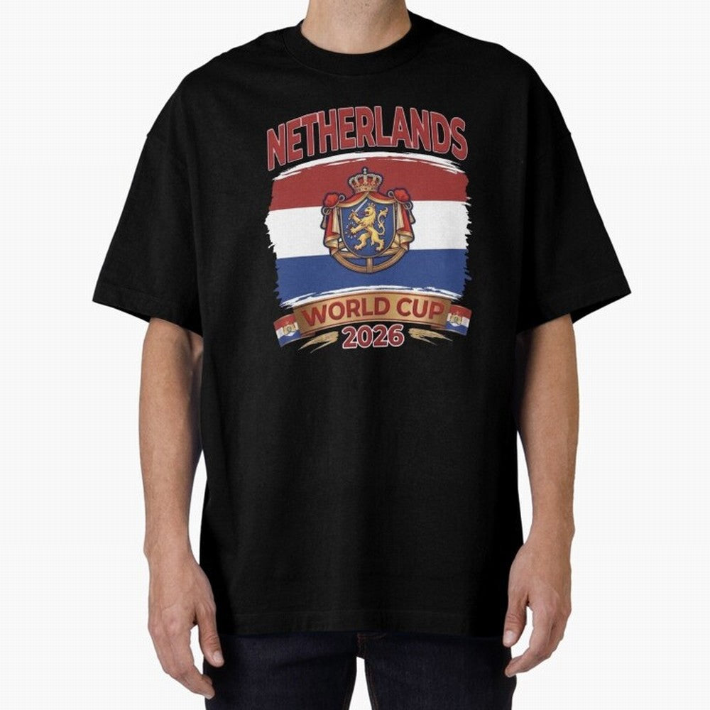 Netherlands World Cup 2026 Coat of Arms Football Design Oversized T-Shirt Celebrate Football Dreams Across FIFA World Cup 2026 Group Stage Spirit, Built around Portugal, Messi and Cristiano Ronaldo, Vintage Soccer Flavor, Modern Football Stars,