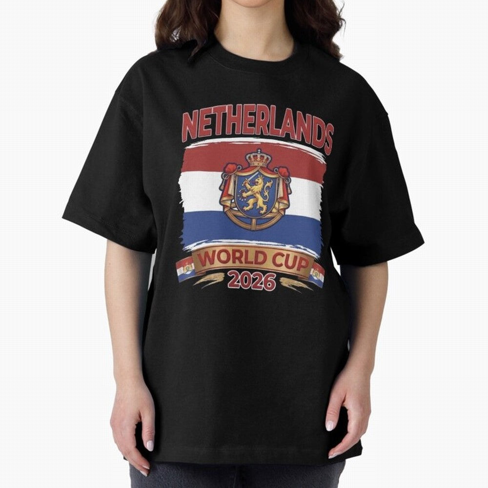 Netherlands World Cup 2026 Coat of Arms Football Design Oversized T-Shirt Celebrate Football Dreams Across FIFA World Cup 2026 Group Stage Spirit, Built around Portugal, Messi and Cristiano Ronaldo, Vintage Soccer Flavor, Modern Football Stars,