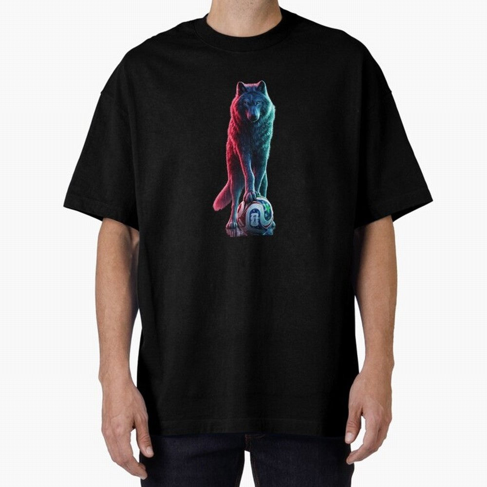 Neon Alpha Wolf with Soccer Ball | Futuristic Sports Fantasy Art Oversized T-Shirt Fuel Your Fan Pride for Match Day Hype around FIFA World Cup 2026 Group Stage, Neymar, England, Worldwide Fan Energy, Dramatic Goals, Stadium Lights and Championship