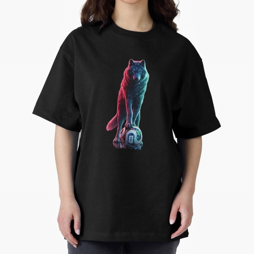 Neon Alpha Wolf with Soccer Ball | Futuristic Sports Fantasy Art Oversized T-Shirt Fuel Your Fan Pride for Match Day Hype around FIFA World Cup 2026 Group Stage, Neymar, England, Worldwide Fan Energy, Dramatic Goals, Stadium Lights and Championship