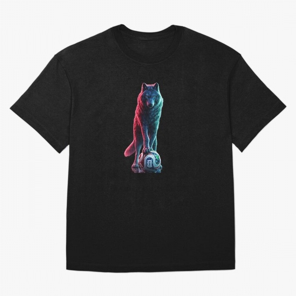 Neon Alpha Wolf with Soccer Ball | Futuristic Sports Fantasy Art Oversized T-Shirt Fuel Your Fan Pride for Match Day Hype around FIFA World Cup 2026 Group Stage, Neymar, England, Worldwide Fan Energy, Dramatic Goals, Stadium Lights and Championship