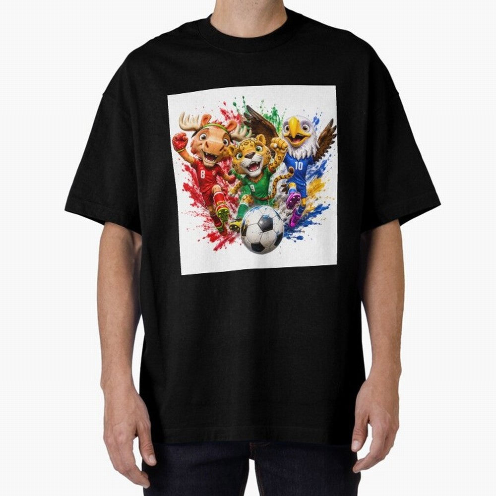 World Football Mascots ¨C Ultimate Soccer Fan Cartoon Design Oversized T-Shirt Show Passion for the Stars of Match Day Hype around FIFA World Cup 2026 Group Stage, Mbappe, Brazil, Portugal and Argentina, Sports Nostalgia, International Competition,