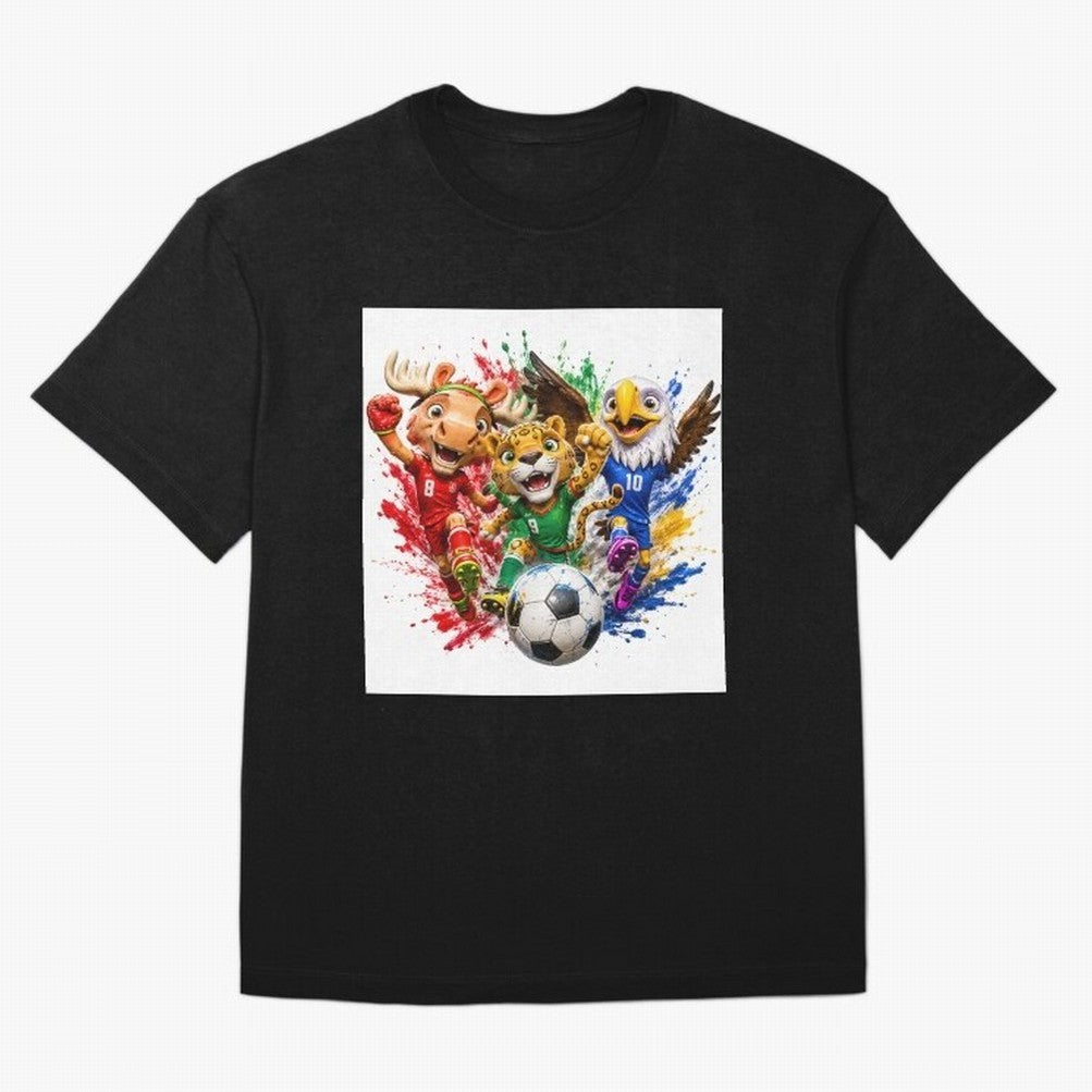 World Football Mascots ¨C Ultimate Soccer Fan Cartoon Design Oversized T-Shirt Show Passion for the Stars of Match Day Hype around FIFA World Cup 2026 Group Stage, Mbappe, Brazil, Portugal and Argentina, Sports Nostalgia, International Competition,