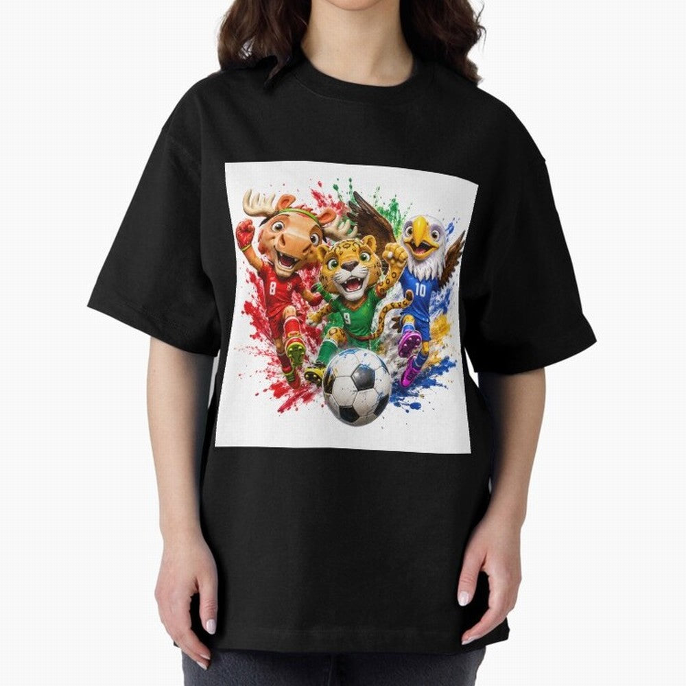 World Football Mascots ¨C Ultimate Soccer Fan Cartoon Design Oversized T-Shirt Show Passion for the Stars of Match Day Hype around FIFA World Cup 2026 Group Stage, Mbappe, Brazil, Portugal and Argentina, Sports Nostalgia, International Competition,