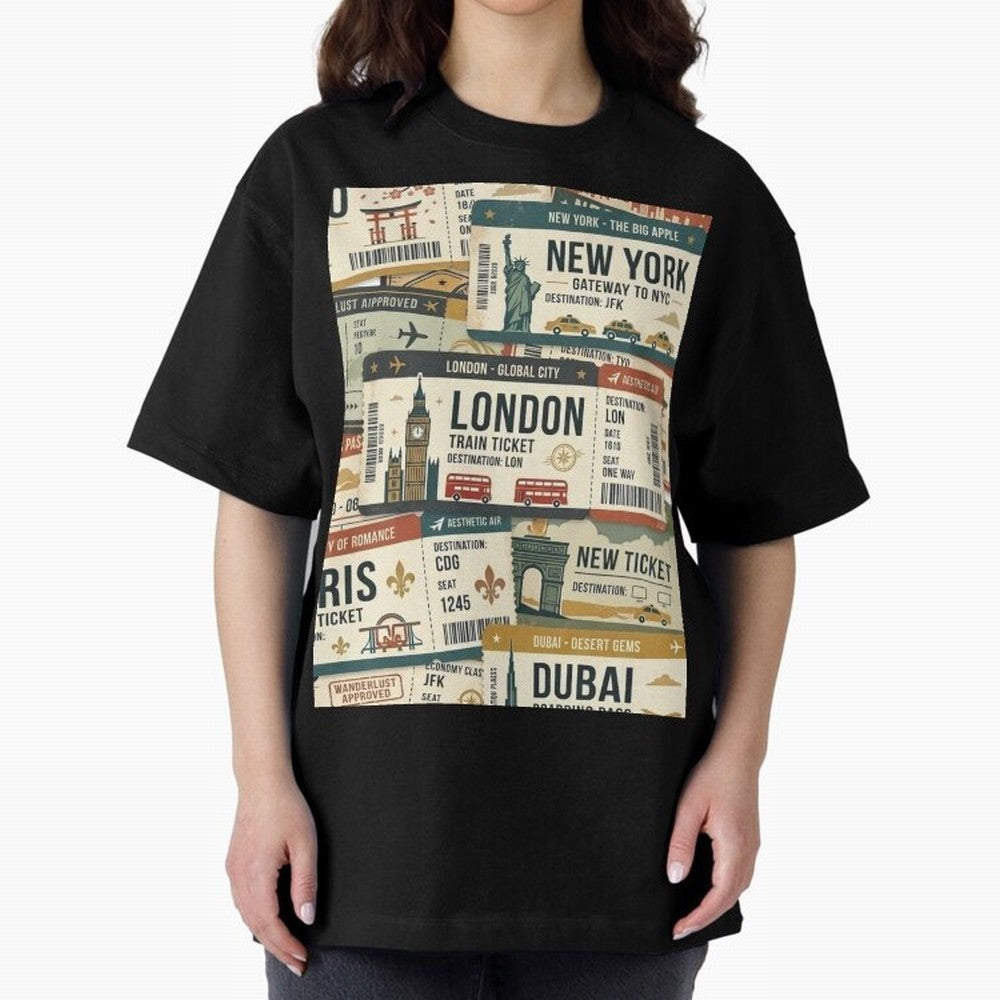 World Travel Ticket Aesthetic Collage Global City Vibes Oversized T-Shirt Honor Football Greatness during FIFA World Cup 2026 Spirit, Connected to Brazil, Mbappe, Football History, Final Match Energy, Crowd Noise and Once in a Lifetime Moments;