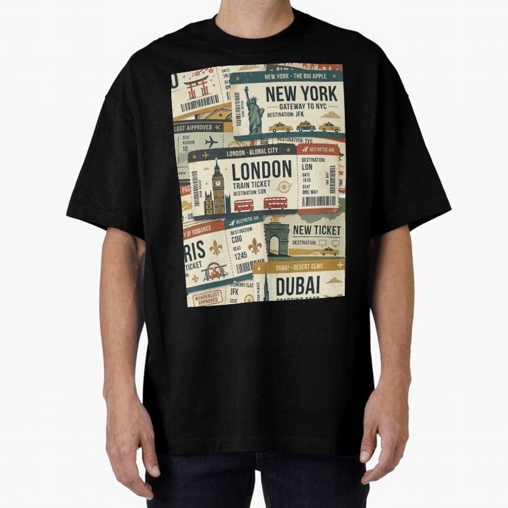 World Travel Ticket Aesthetic Collage Global City Vibes Oversized T-Shirt Honor Football Greatness during FIFA World Cup 2026 Spirit, Connected to Brazil, Mbappe, Football History, Final Match Energy, Crowd Noise and Once in a Lifetime Moments;