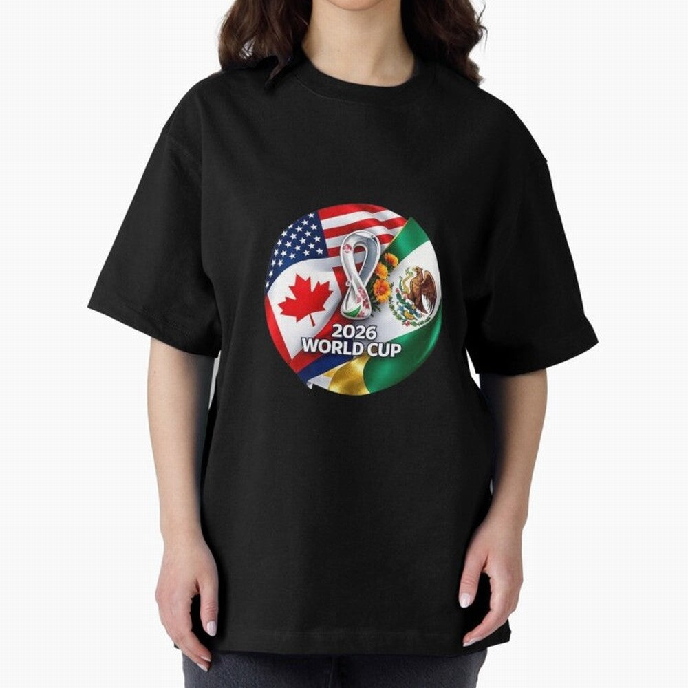 Host Trio Flags Circular Emblem Oversized T-Shirt Upgrade the FIFA World Cup 2026 Group Stage Journey through CR7 Highlights, Argentina Pride, Football Festival Excitement, Trophy Ambitions, Country Rivalries and Star Player Buzz; Built for