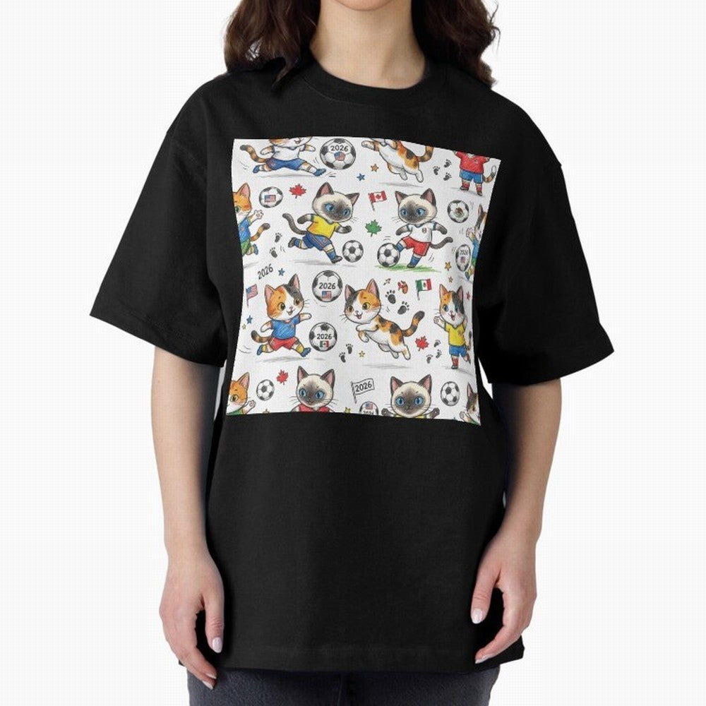 Chibi Soccer Cats 2026 - Cute Football Kittens Pattern Oversized T-Shirt Carry the Dream of FIFA World Cup 2026 Group Stage Connected to Neymar, Haaland and Cristiano Ronaldo, Brazil Energy, Football History, Final Match Energy, Crowd Noise and