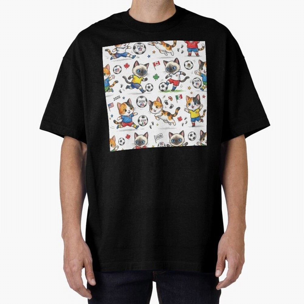 Chibi Soccer Cats 2026 - Cute Football Kittens Pattern Oversized T-Shirt Carry the Dream of FIFA World Cup 2026 Group Stage Connected to Neymar, Haaland and Cristiano Ronaldo, Brazil Energy, Football History, Final Match Energy, Crowd Noise and