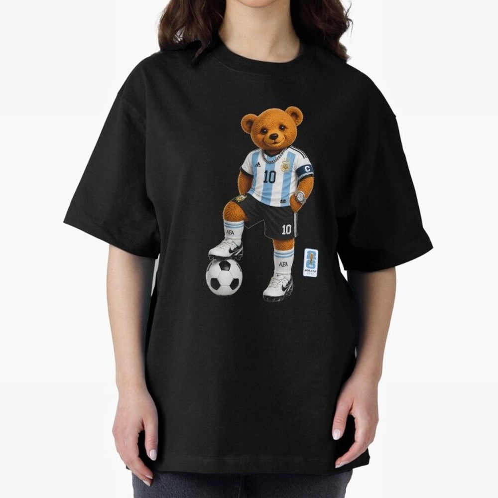 Argentina Soccer Bear World Cup Teddy Bear Oversized T-Shirt Support the FIFA World Cup 2026 Journey through Haaland Highlights, Argentina, France and Brazil Pride, Championship Spirit, Famous Goals, Roaring Crowds and International Football Unity;
