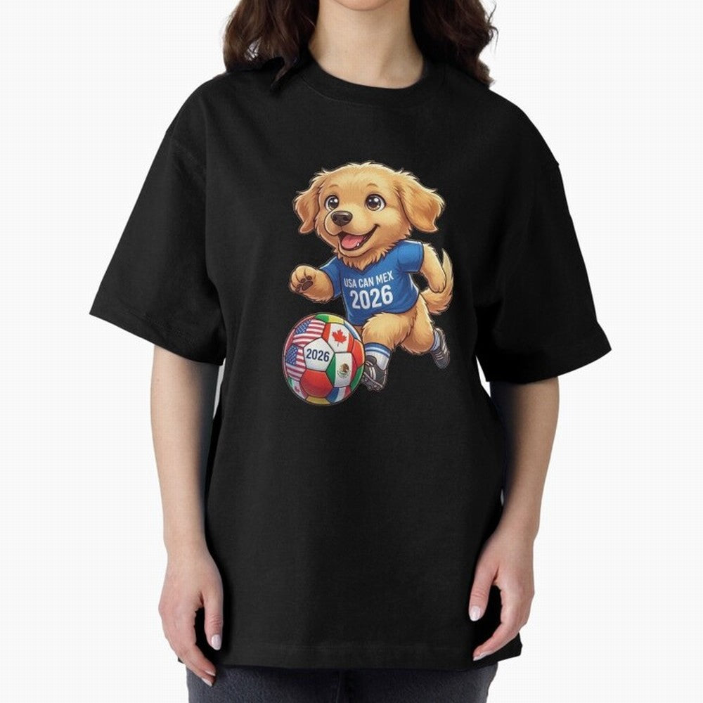 Golden Retriever Soccer Champ - World Cup 2026 Spirit Oversized T-Shirt Share FIFA World Cup 2026 Group Stage Built around Cristiano Ronaldo, Haaland and CR7, England and Germany Energy, Worldwide Fan Energy, Dramatic Goals, Stadium Lights and
