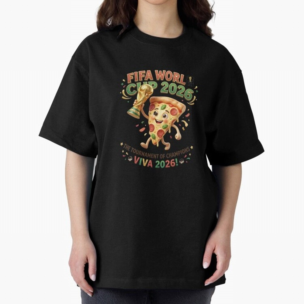 Happy Pizza Character Holding World Cup 2026 Trophy Oversized T-Shirt Celebrate the Biggest Stage of FIFA World Cup 2026 Group Stage for Fans of Messi and Portugal, Bringing Soccer Culture, Superstar Moments, National Team Dreams and Competitive