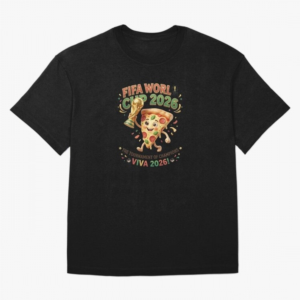 Happy Pizza Character Holding World Cup 2026 Trophy Oversized T-Shirt Celebrate the Biggest Stage of FIFA World Cup 2026 Group Stage for Fans of Messi and Portugal, Bringing Soccer Culture, Superstar Moments, National Team Dreams and Competitive