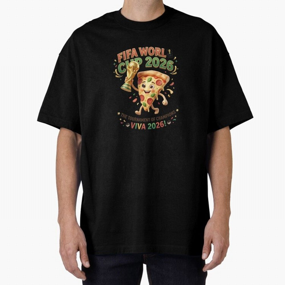 Happy Pizza Character Holding World Cup 2026 Trophy Oversized T-Shirt Celebrate the Biggest Stage of FIFA World Cup 2026 Group Stage for Fans of Messi and Portugal, Bringing Soccer Culture, Superstar Moments, National Team Dreams and Competitive