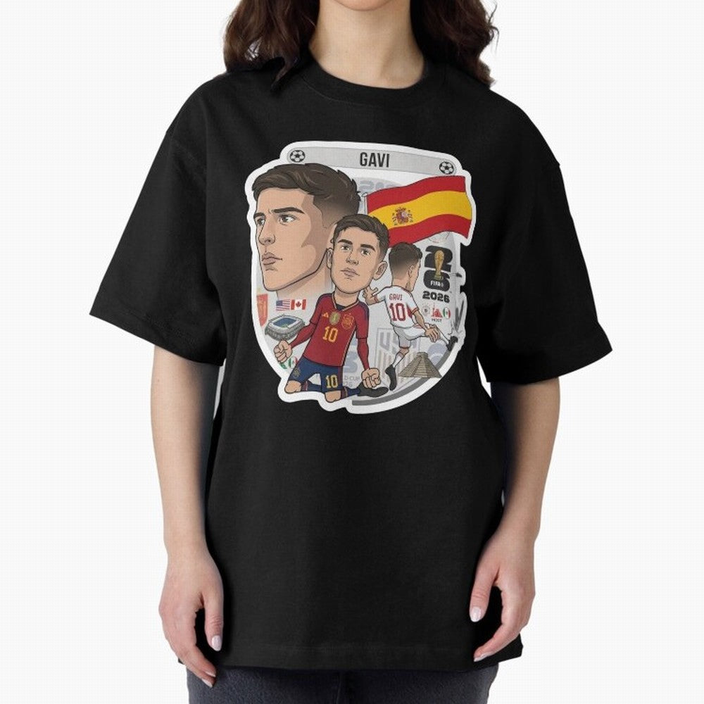 Gavi Spain National Team Football Cartoon Illustration Oversized T-Shirt Fuel Your Fan Pride for FIFA World Cup 2026 Spirit, Capturing France, Haaland and Mbappe, Football History, Final Match Energy, Crowd Noise and Once in a Lifetime Moments;