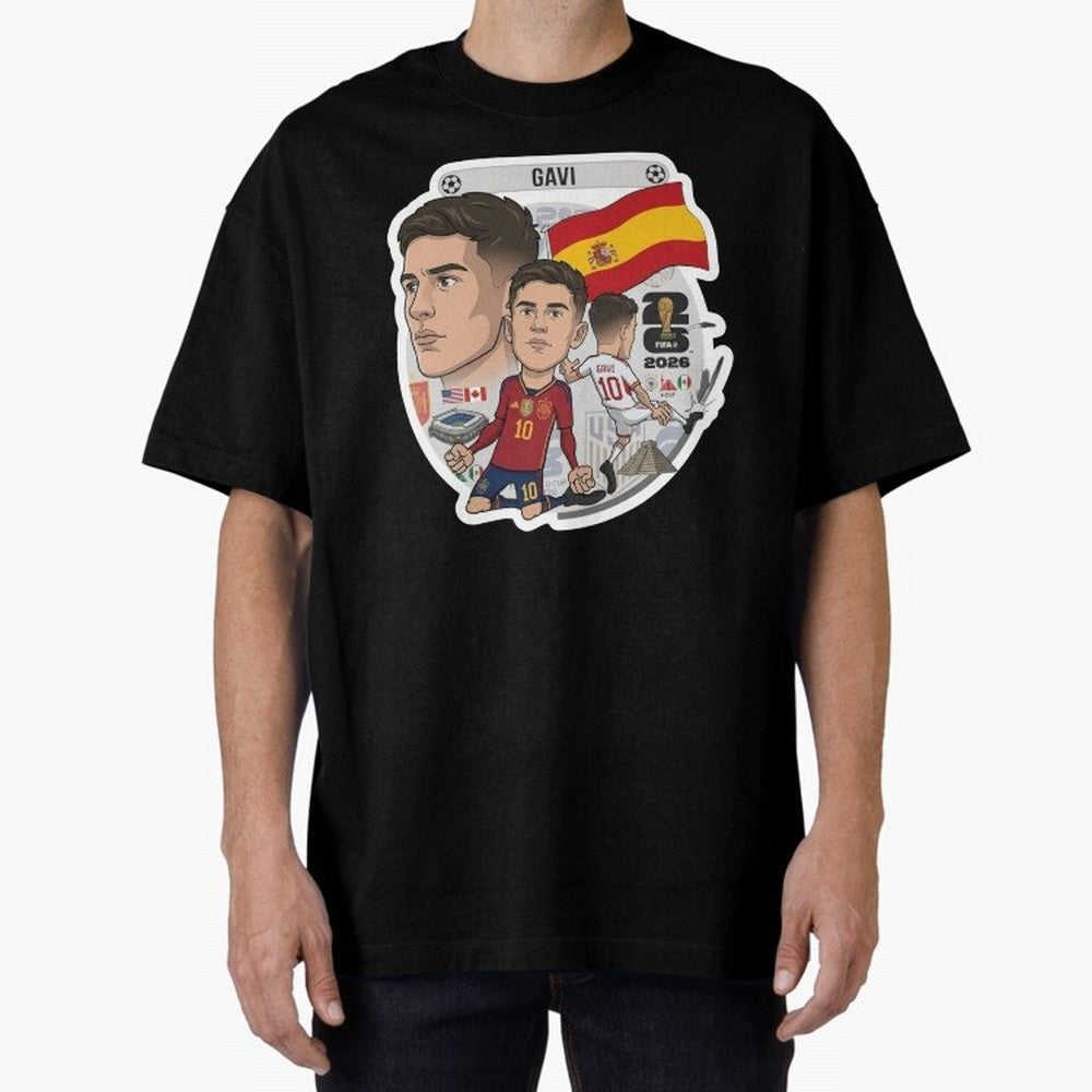 Gavi Spain National Team Football Cartoon Illustration Oversized T-Shirt Fuel Your Fan Pride for FIFA World Cup 2026 Spirit, Capturing France, Haaland and Mbappe, Football History, Final Match Energy, Crowd Noise and Once in a Lifetime Moments;