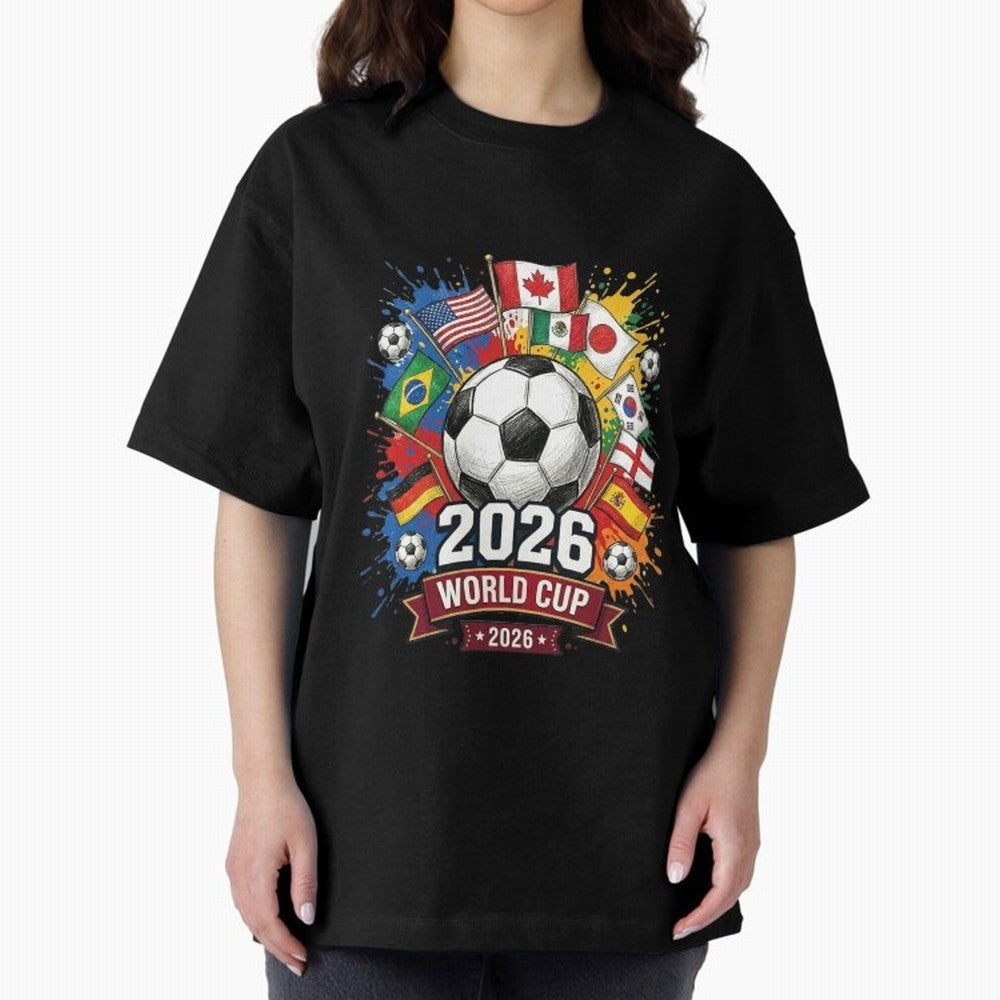 2026 World Cup Soccer Flags Graphic Oversized T-Shirt Step into FIFA World Cup 2026 Built around Neymar, Argentina and Brazil Energy, Championship Spirit, Famous Goals, Roaring Crowds and International Football Unity; Great for Watch Parties,