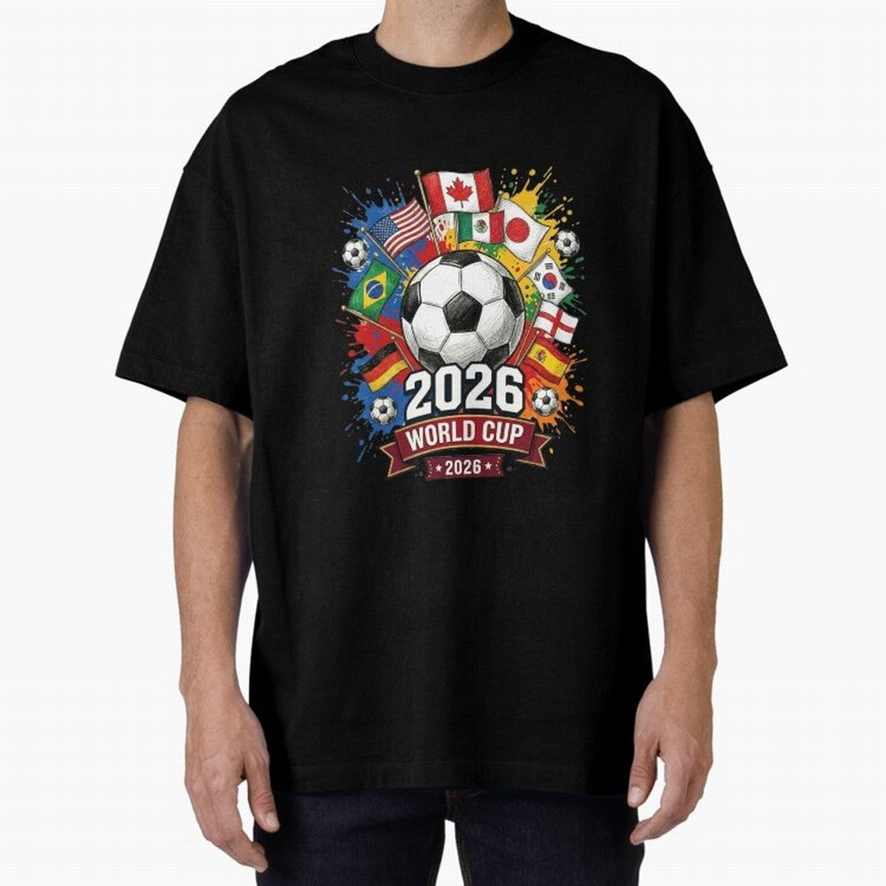 2026 World Cup Soccer Flags Graphic Oversized T-Shirt Step into FIFA World Cup 2026 Built around Neymar, Argentina and Brazil Energy, Championship Spirit, Famous Goals, Roaring Crowds and International Football Unity; Great for Watch Parties,