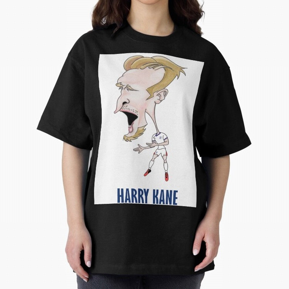 Harry Kane Caricature Print Oversized T-Shirt Show Match Day Excitement for FIFA World Cup 2026 Spirit, with England, Messi and Cristiano Ronaldo, Football Festival Excitement, Trophy Ambitions, Country Rivalries and Star Player Buzz; Made for Die