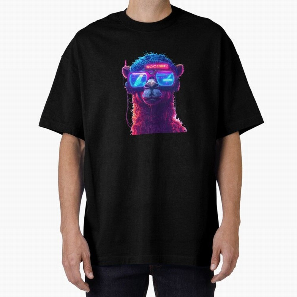 Cyberpunk Llama with Neon Soccer Vibes Oversized T-Shirt Support the Legends of FIFA World Cup 2026 USA Canada Mexico Spirit, Inspired by Germany, Mbappe, Soccer Culture, Superstar Moments, National Team Dreams and Competitive Fire; Created for