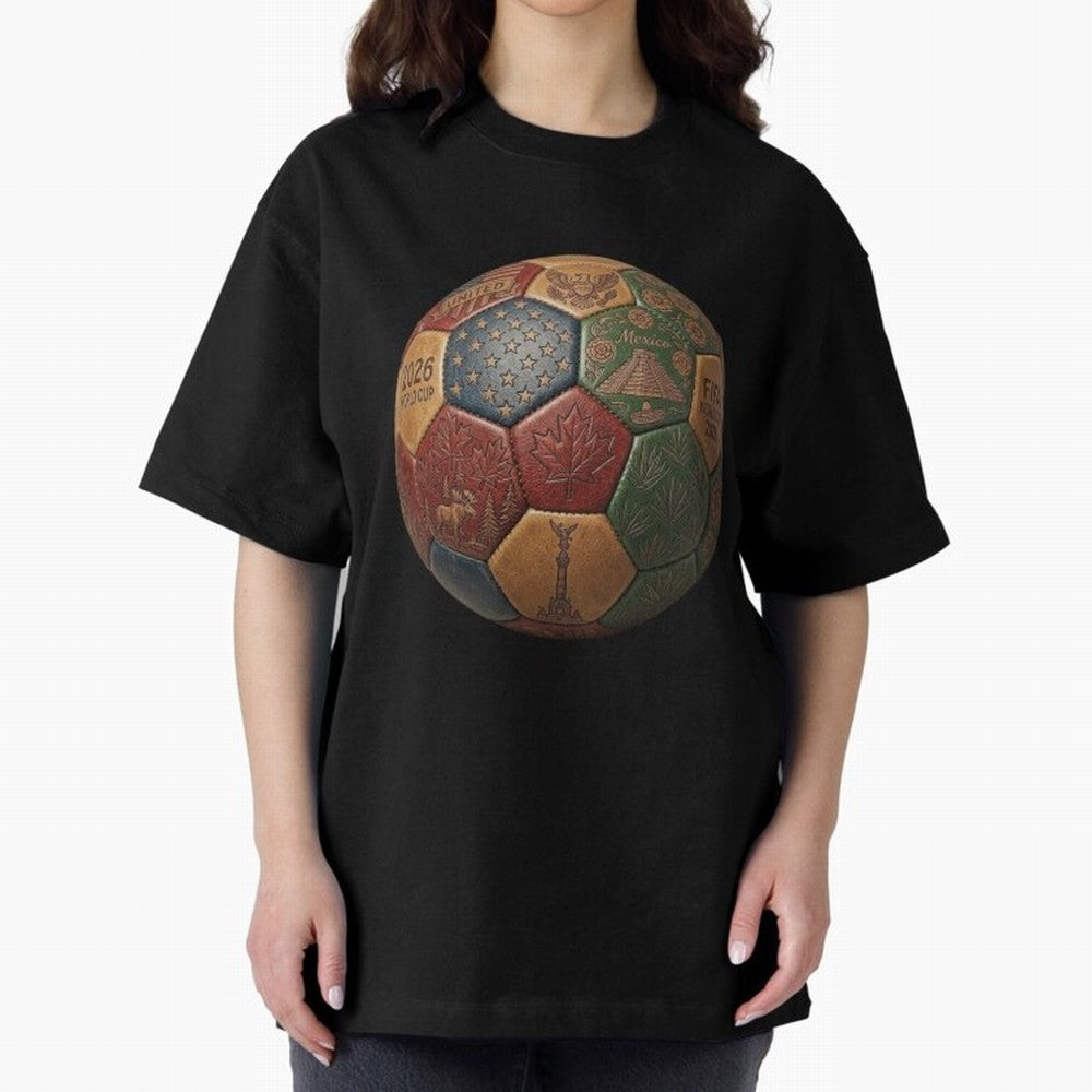 Artistic Ball for the 2026 World Cup ¨C USA, Mexico & Canada Football Design Oversized T-Shirt Relive Global Football Passion for FIFA World Cup 2026 Group Stage, Filled with Cristiano Ronaldo, Haaland and CR7, Spain, Worldwide Fan Energy, Dramatic